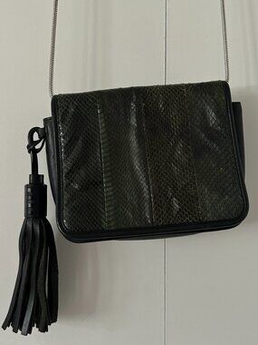 All Saints Snake-Embossed Leather Crossbody – Dark Green/Black